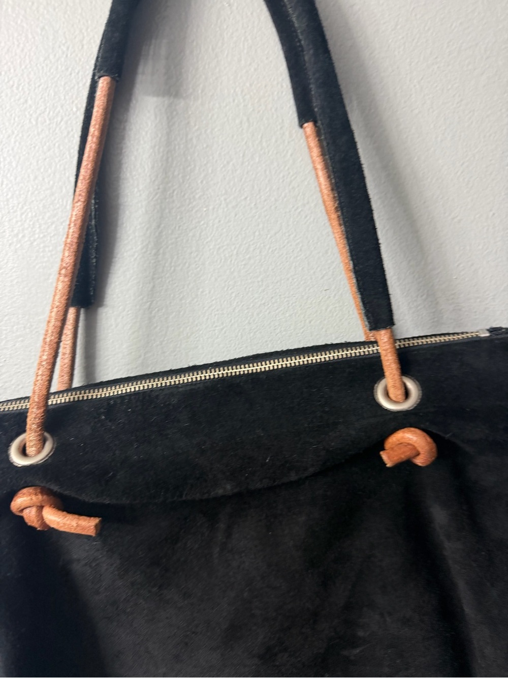 Dean Black Suede Tote Bag with Tan Handle Accents - Picture 3 of 11